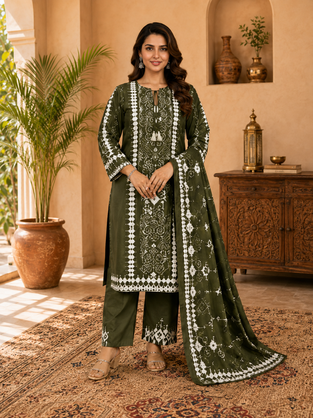 Olive Green Printed Cotton Suit Set with Dupatta