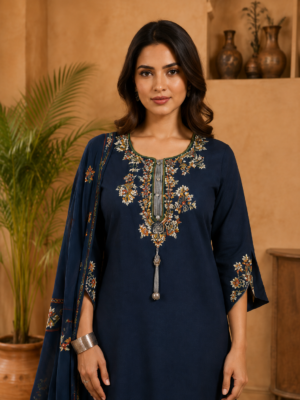 Navy Blue Floral Embroidered Cotton Suit Set with Dupatta