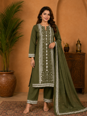 Olive Green Printed Cotton Suit Set with Dupatta