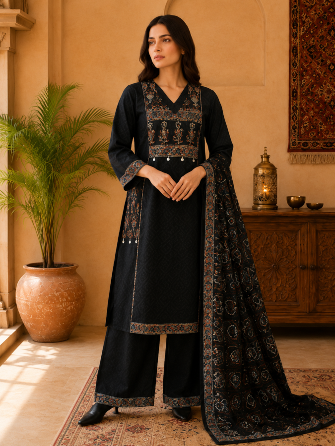 Black Digital Printed A-Line Cotton Suit with Handwork