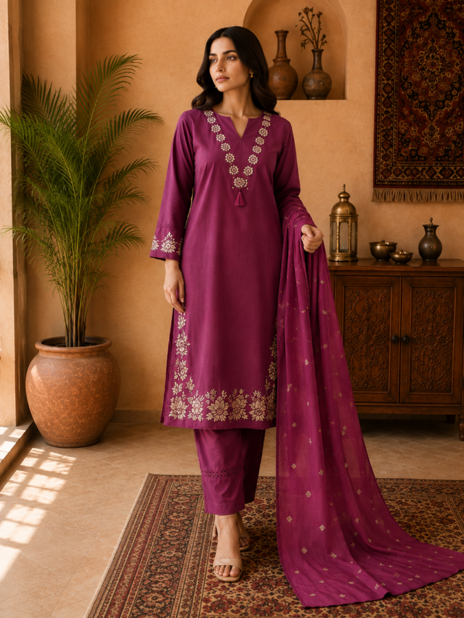 Wine Cotton Embroidered Suit Set
