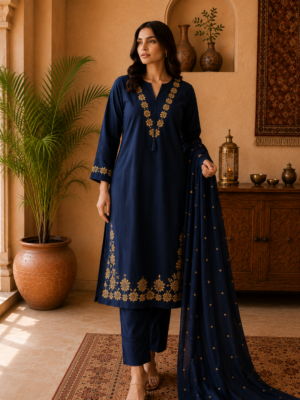 Navy Blue Cotton Embroidered Suit Set for Women