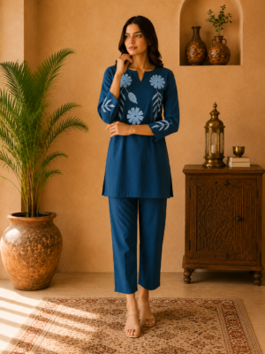 Women’s Teal Blue Cotton Thread Embroidered Co-Ord Set