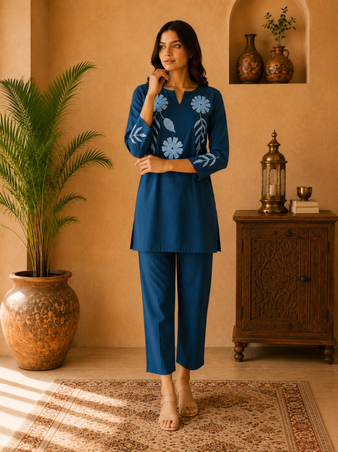 Women's Teal Blue Cotton Thread Embroidered Co-Ord Set