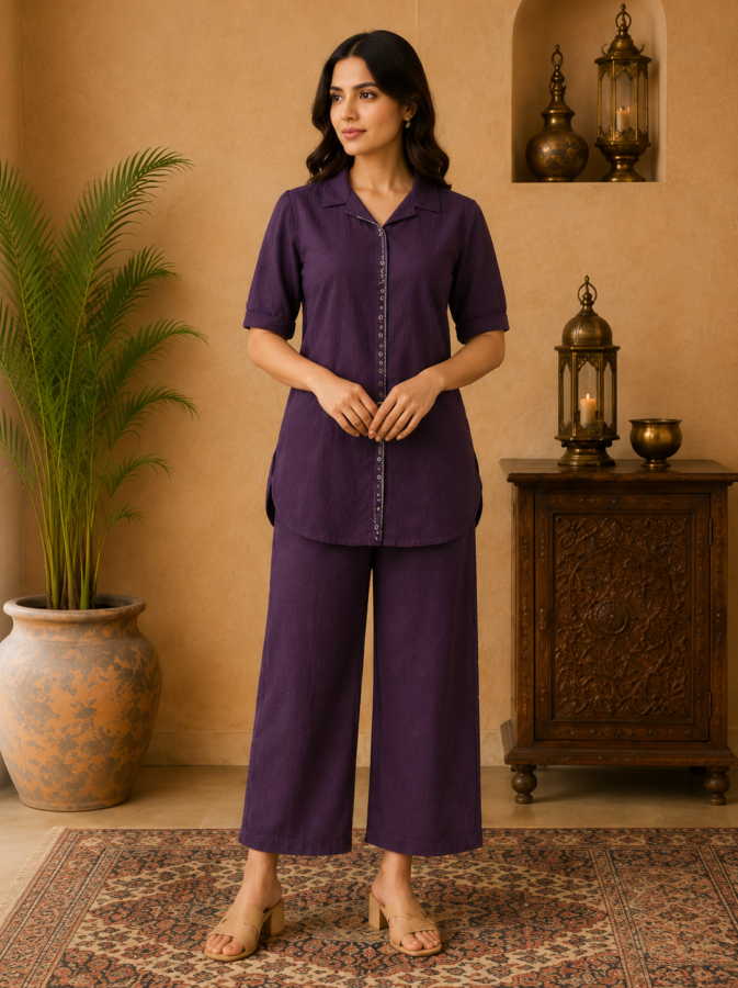 Women's Deep Purple Solid Cotton Textured Co-ord Set
