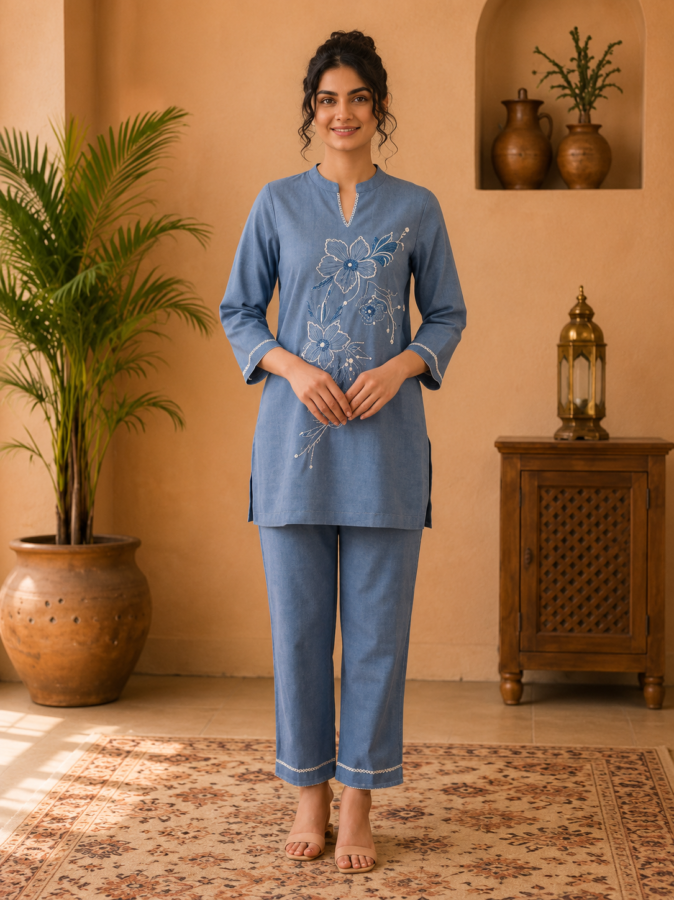 Women's Powder Blue Cotton Blend Embroidered Co-ord Set