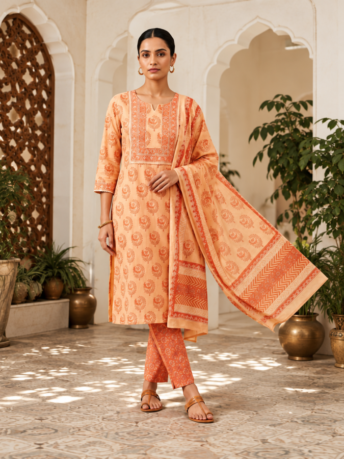 Peach Digital Printed Cotton Suit