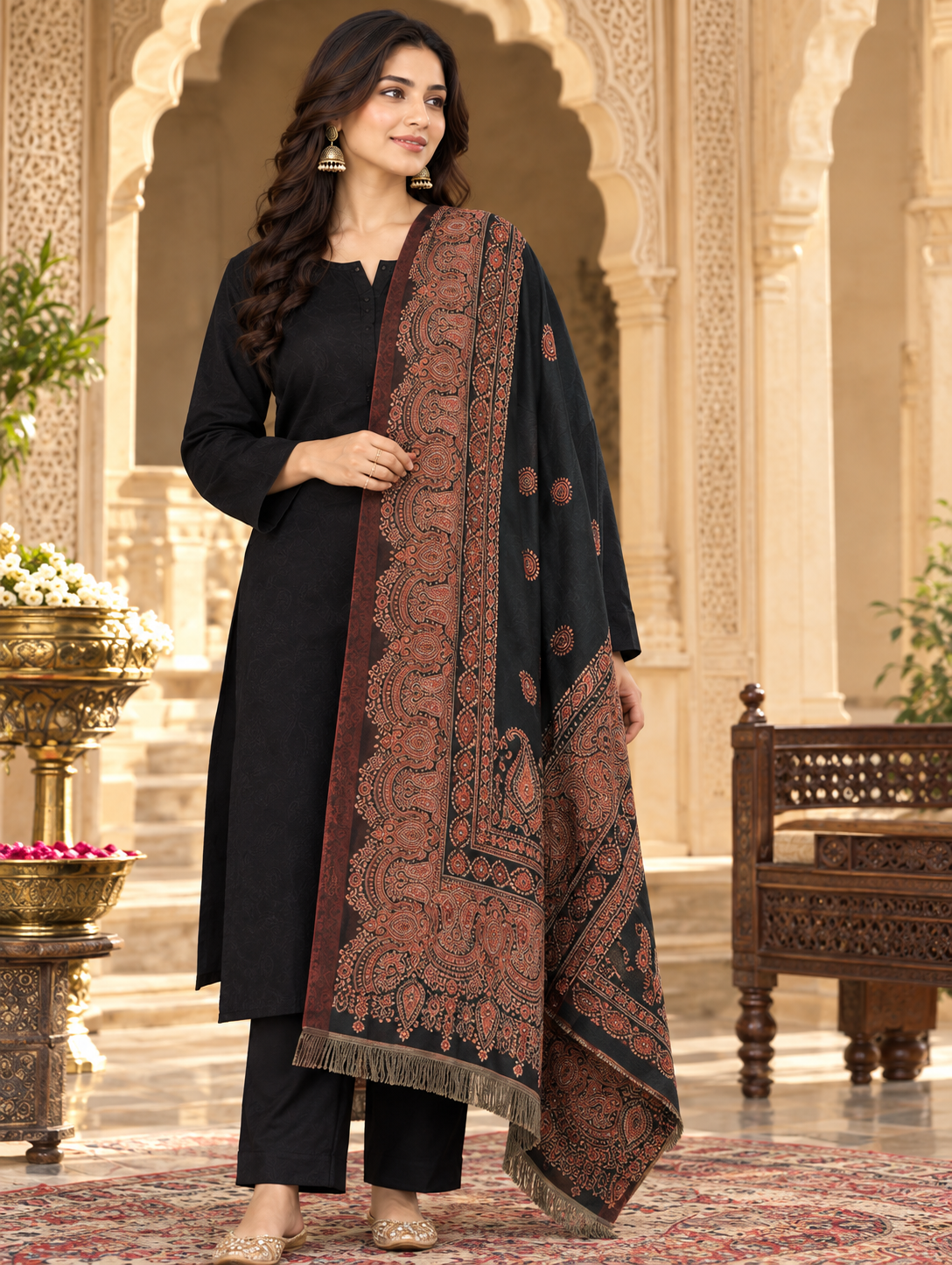 Black Printed Ploywool Jama Shawl
