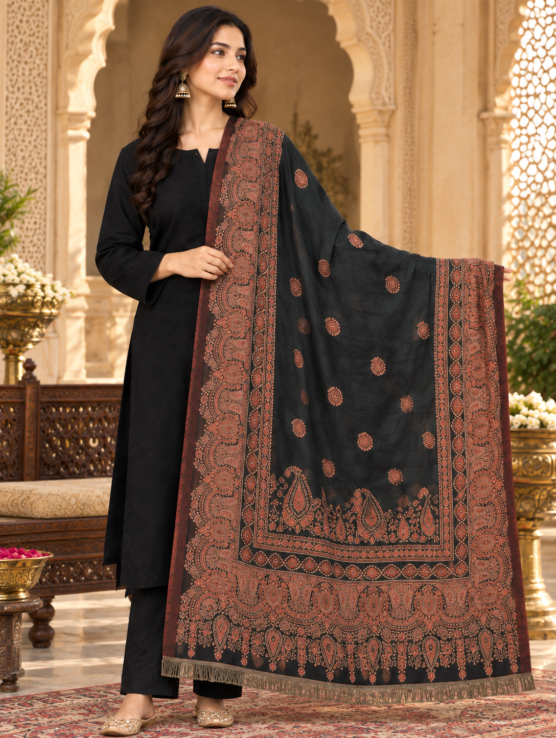 Black Printed Ploywool Jama Shawl - Image 2