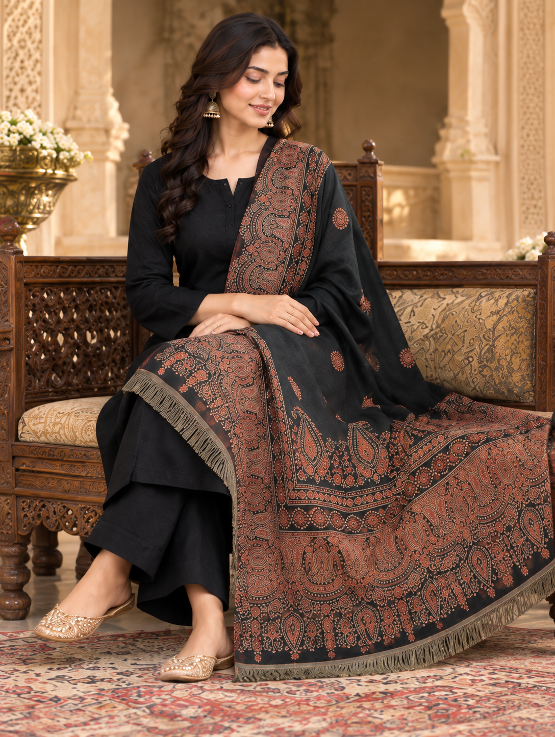 Black Printed Ploywool Jama Shawl - Image 3