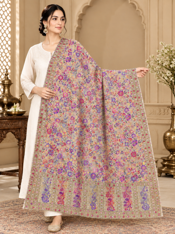 Fine Wool Kalamkari Embroidery Shawl