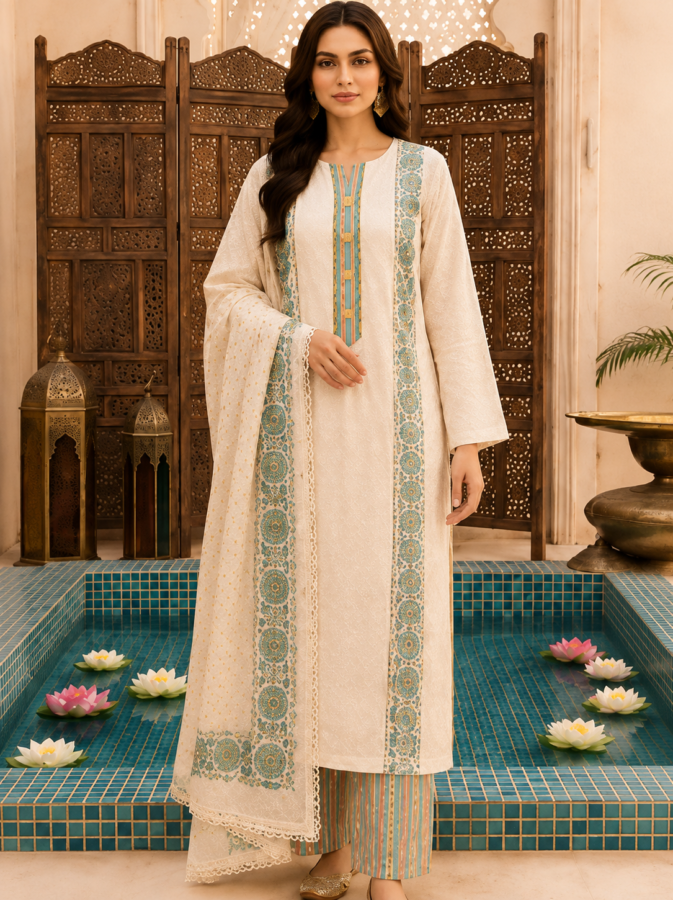 Unstitched Designer Cotton Suit with Chikanwork and Lacework Mehendi