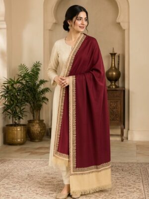 Maroon with Golden Border Polywool Jama Shawl