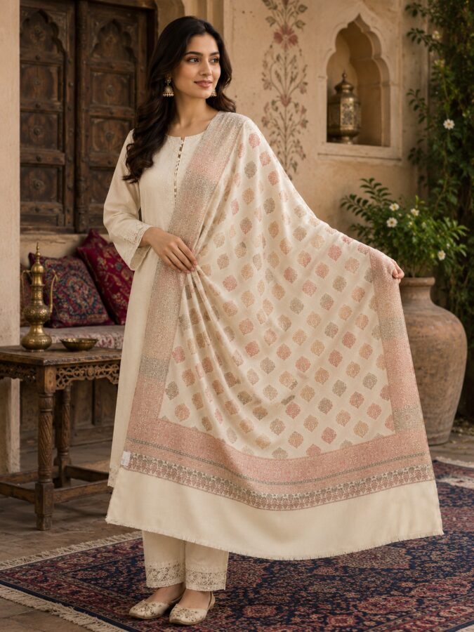 Poly wool self daur butti jama shawl