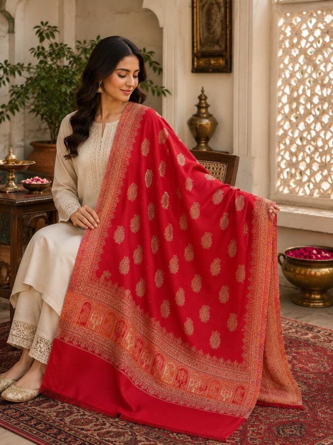 Poly wool daur butti jama shawl