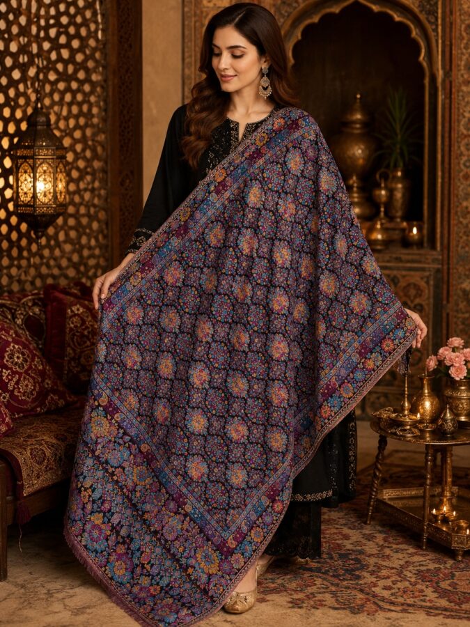 Fine Wool Zari Jama Jaal Shawl