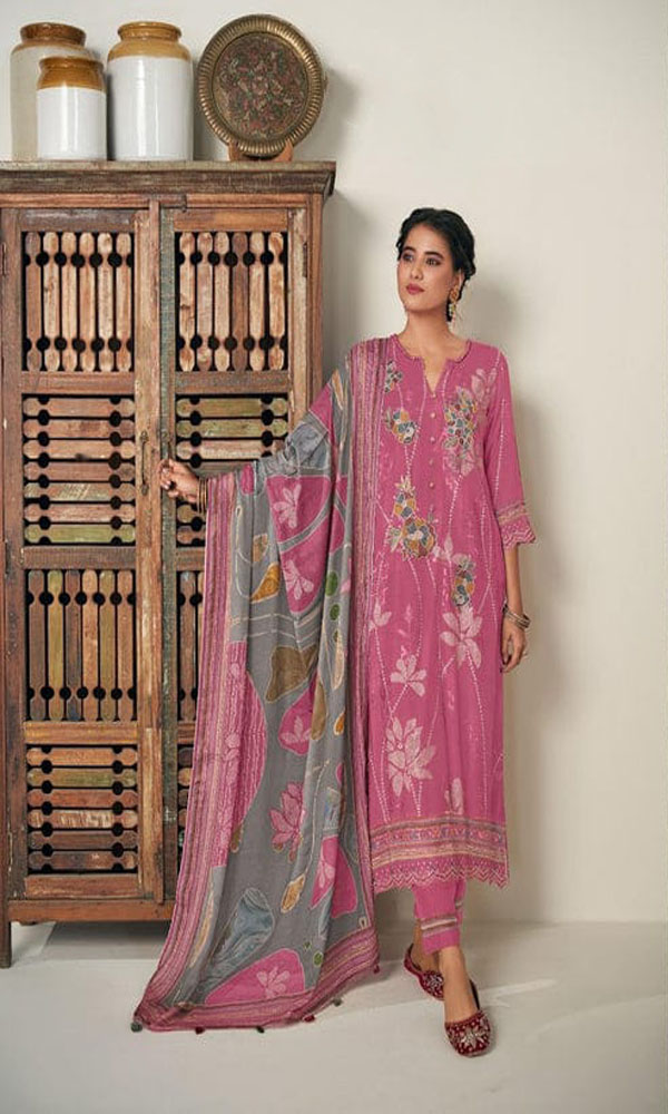 DIGITAL PRINTED MOGA SILK UNSTITCHED SUIT WITH EMBROIDERY AND LACEWORK