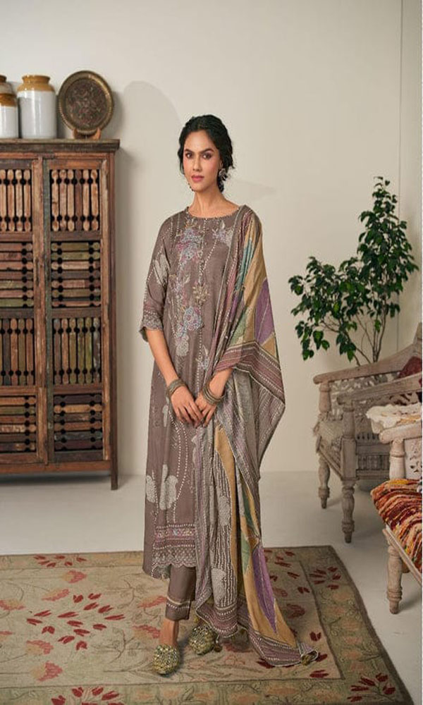 DIGITAL PRINTED MOGA SILK UNSTITCHED SUIT WITH EMBROIDERY AND LACEWORK