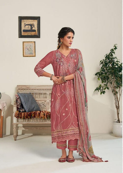 DIGITAL PRINTED MOGA SILK UNSTITCHED SUIT WITH EMBROIDERY AND LACEWORK