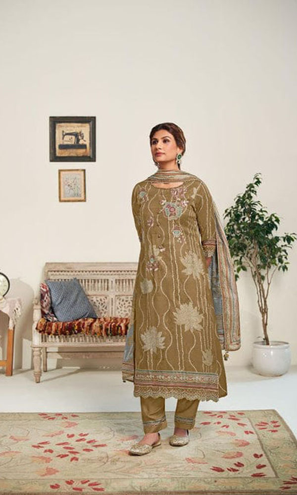 DIGITAL PRINTED MOGA SILK UNSTITCHED SUIT WITH EMBROIDERY AND LACEWORK